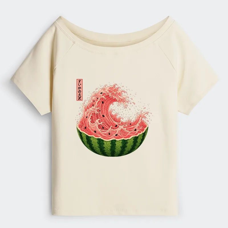 Tokyo-Tiger Watermelon Wave Summer Ukiyo Art Off Shoulder T-Shirt