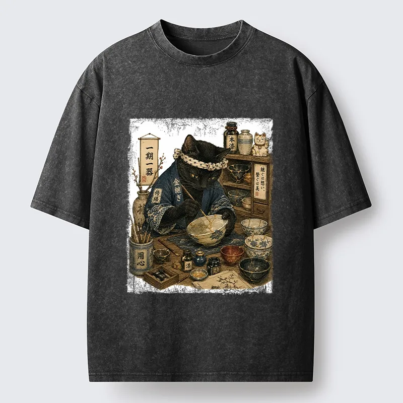 Tokyo-Tiger One Time Meeting Cat Art Washed T-Shirt