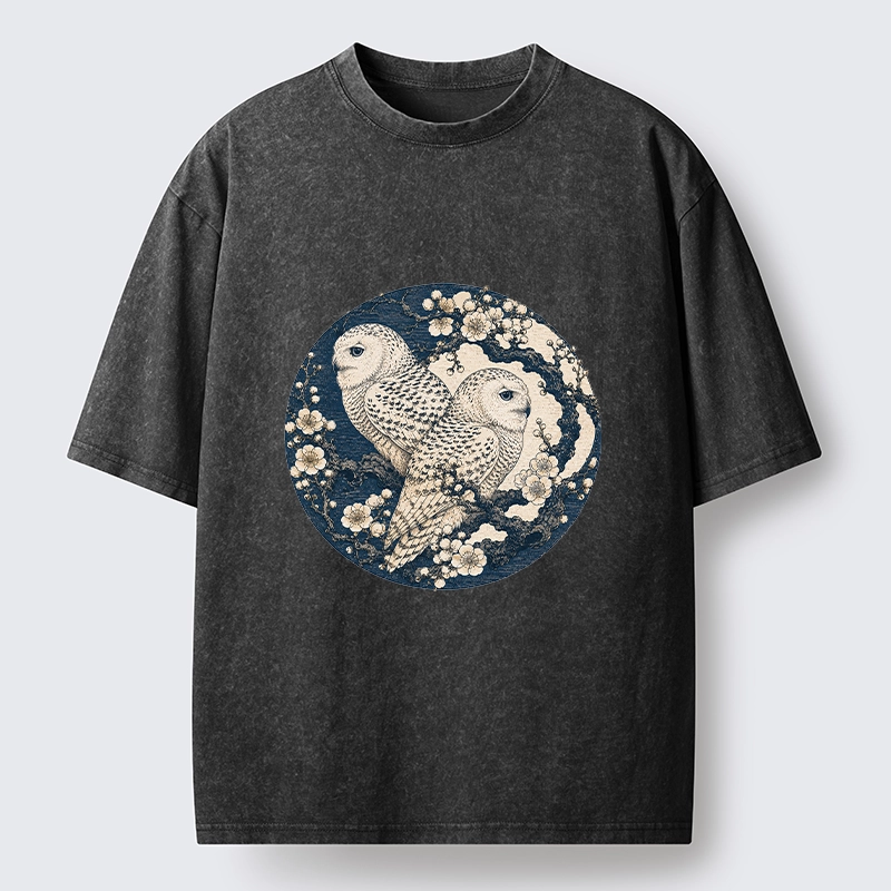 Tokyo-Tiger Snow Owl Plum Blossom Art Washed T-Shirt