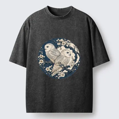 Tokyo-Tiger Snow Owl Plum Blossom Art Washed T-Shirt
