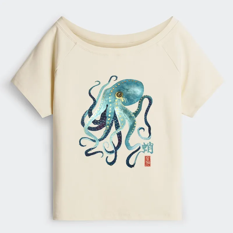 Tokyo-Tiger Soft Watercolor Octopus Japanese Art Off Shoulder T-Shirt