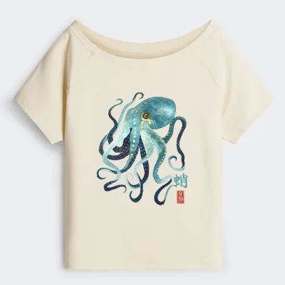 Tokyo-Tiger Soft Watercolor Octopus Japanese Art Off Shoulder T-Shirt