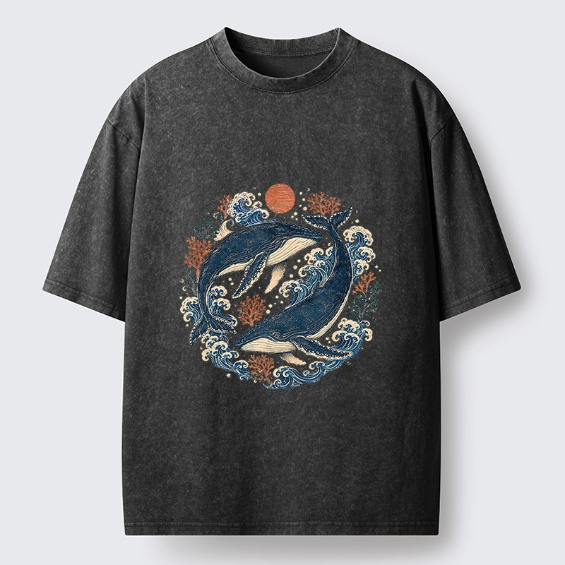 Tokyo-Tiger Twin Whale Wave Ukiyo Washed T-Shirt