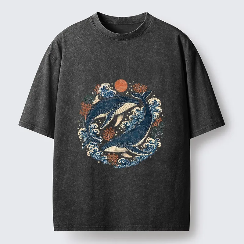 Tokyo-Tiger Twin Whale Wave Ukiyo Washed T-Shirt