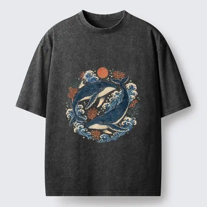 Tokyo-Tiger Twin Whale Wave Ukiyo Washed T-Shirt