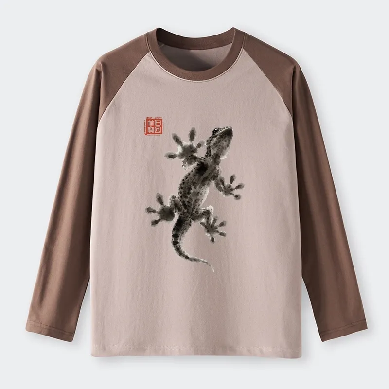 Tokyo-Tiger Minimal Asian Ink Brush Gecko Vibe Raglan Long Sleeve T-shirt