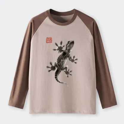 Tokyo-Tiger Minimal Asian Ink Brush Gecko Vibe Raglan Long Sleeve T-shirt