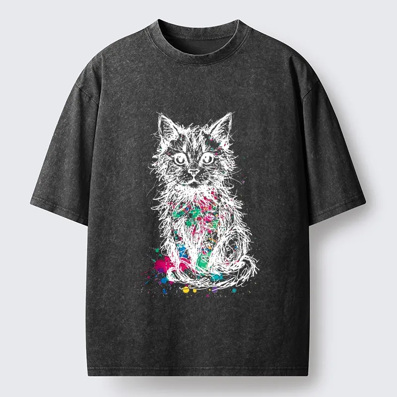 Tokyo-Tiger Splash Ink Art Cat Washed T-Shirt