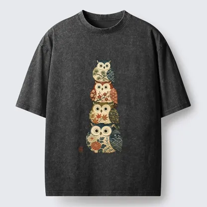Tokyo-Tiger Stacked Floral Owls Washed T-Shirt