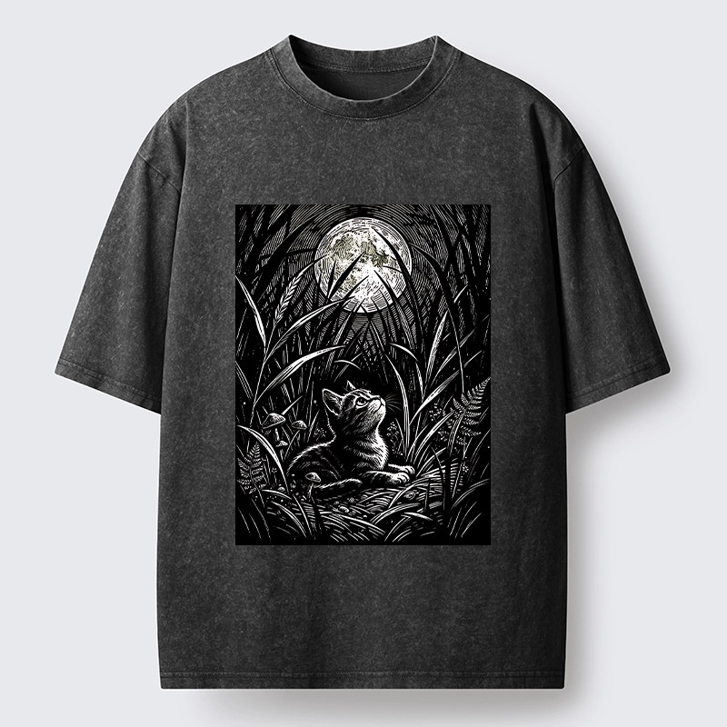 Tokyo-Tiger Woodcut Night Cat Print Washed T-Shirt