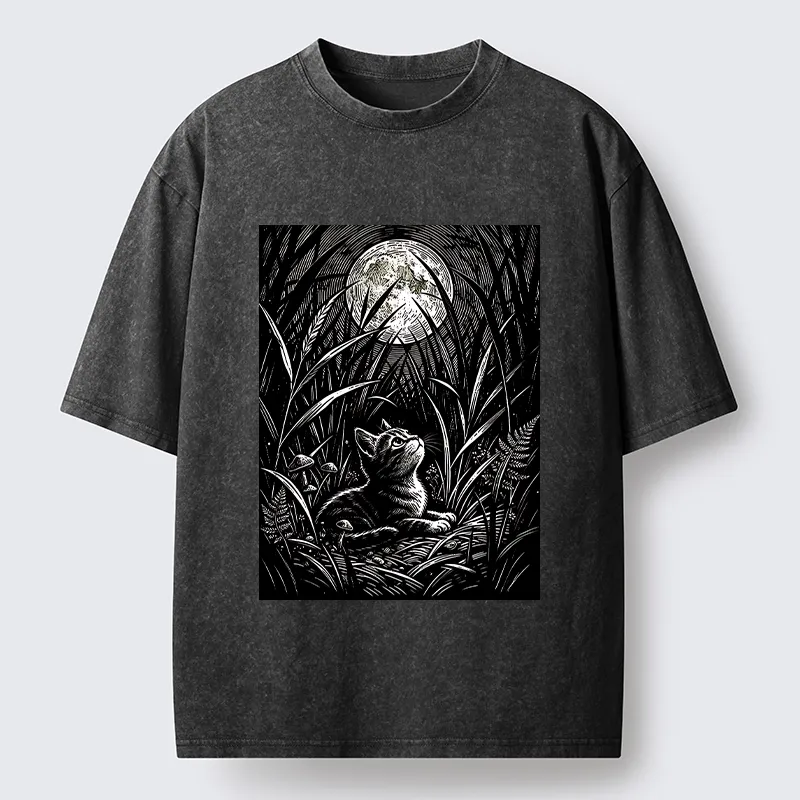 Tokyo-Tiger Woodcut Night Cat Print Washed T-Shirt