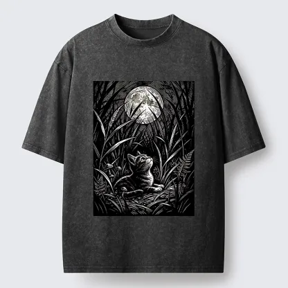 Tokyo-Tiger Woodcut Night Cat Print Washed T-Shirt