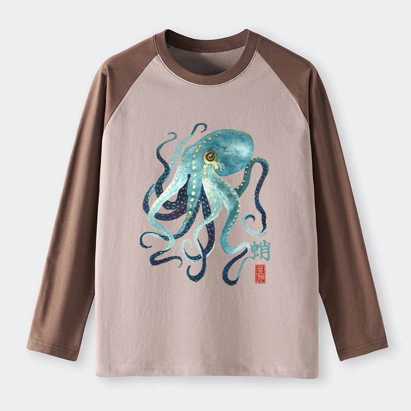 Tokyo-Tiger Soft Watercolor Octopus Japanese Art Raglan Long Sleeve T-shirt
