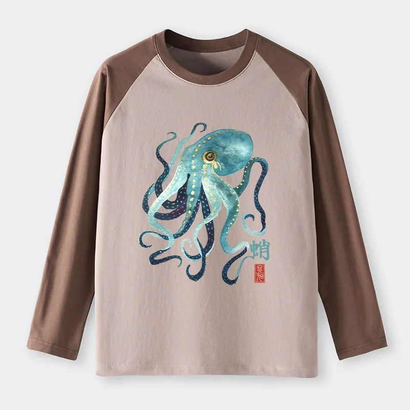 Tokyo-Tiger Soft Watercolor Octopus Japanese Art Raglan Long Sleeve T-shirt