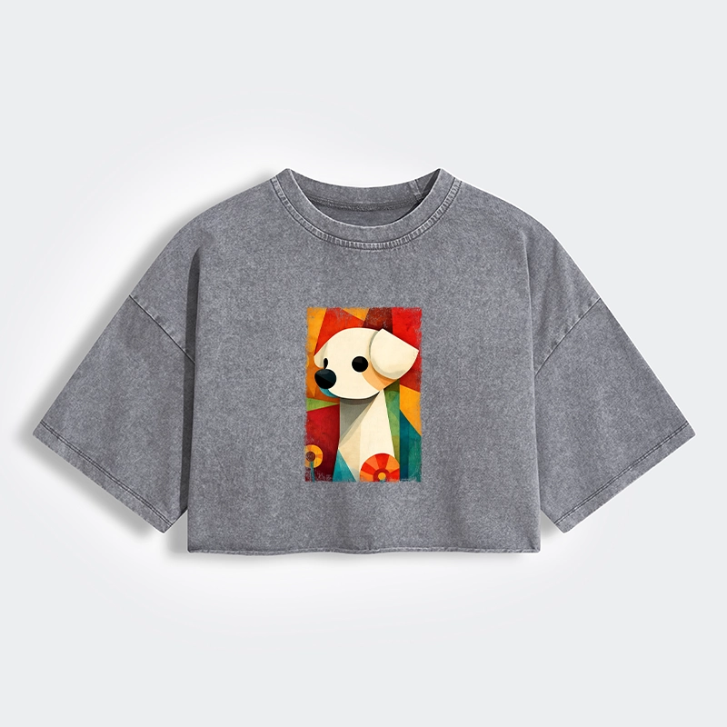 Tokyo-Tiger Retro Abstract Color Block Puppy Art Women's Washed Crop T-Shirt