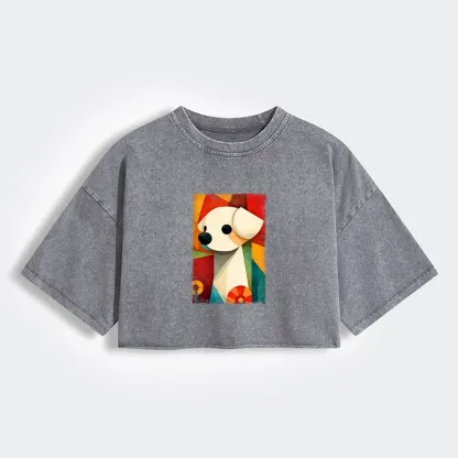 Tokyo-Tiger Retro Abstract Color Block Puppy Art Women's Washed Crop T-Shirt