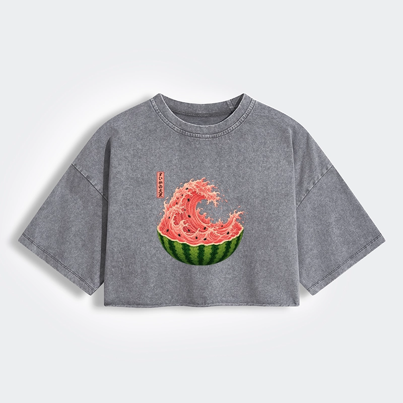 Tokyo-Tiger Watermelon Wave Summer Ukiyo Art Women's Washed Crop T-Shirt