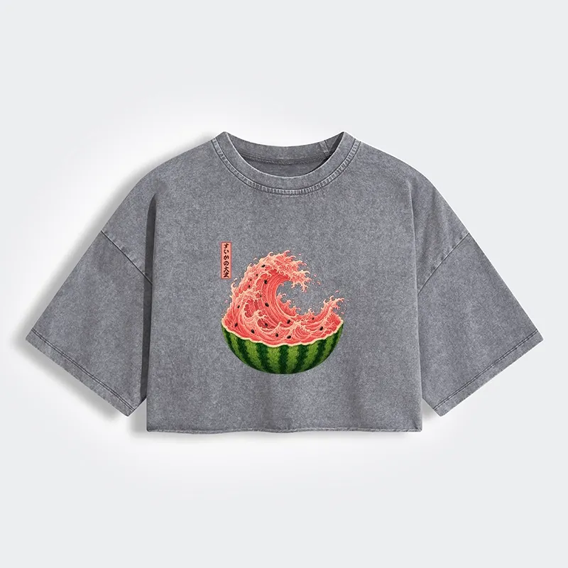 Tokyo-Tiger Watermelon Wave Summer Ukiyo Art Women's Washed Crop T-Shirt