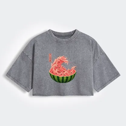 Tokyo-Tiger Watermelon Wave Summer Ukiyo Art Women's Washed Crop T-Shirt