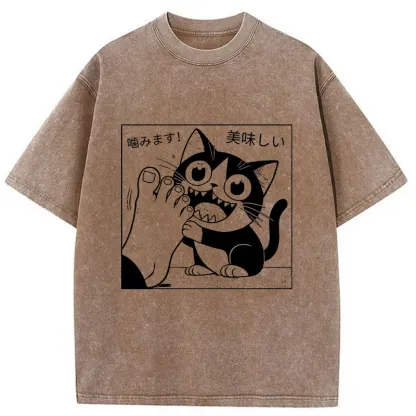 Tokyo-Tiger Cat Chewing Human Feet Washed T-Shirt