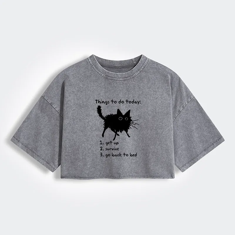 Tokyo-Tiger Lazy Cat Survive Day Funny Meme Women's Washed Crop T-Shirt