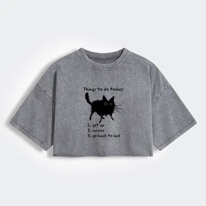 Tokyo-Tiger Lazy Cat Survive Day Funny Meme Women's Washed Crop T-Shirt