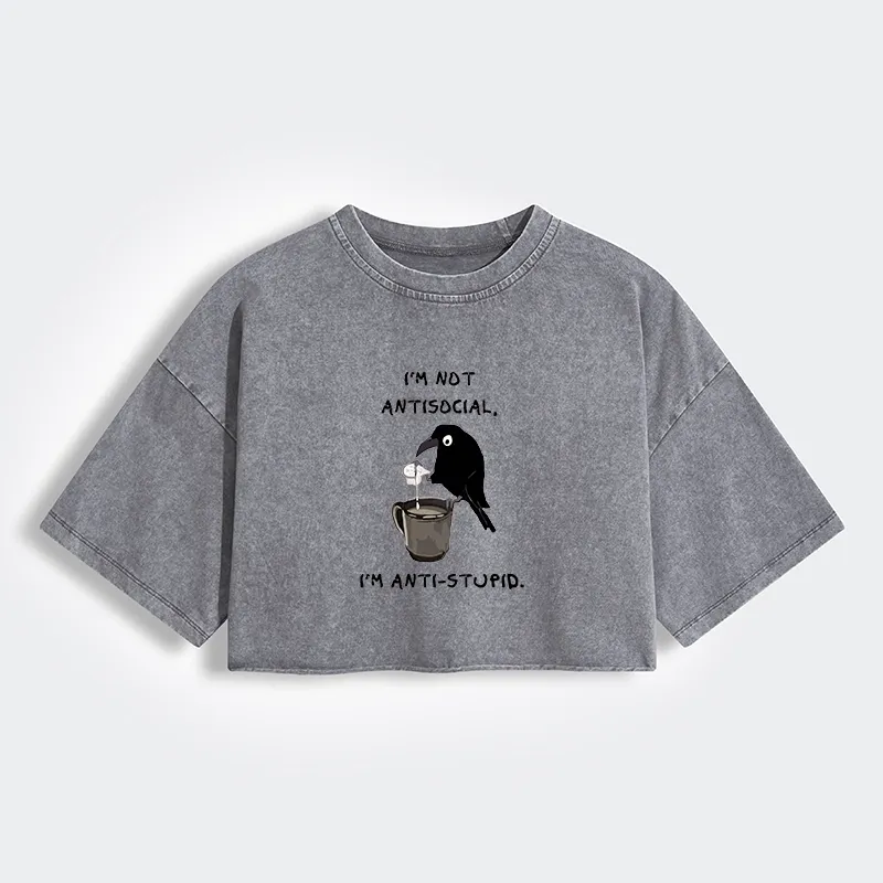 Tokyo-Tiger Cool Crow Sips Calm Coffee Alone Women's Washed Crop T-Shirt
