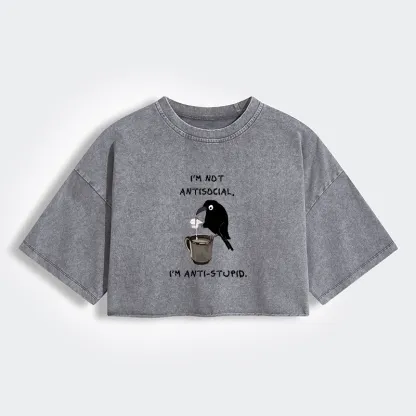 Tokyo-Tiger Cool Crow Sips Calm Coffee Alone Women's Washed Crop T-Shirt