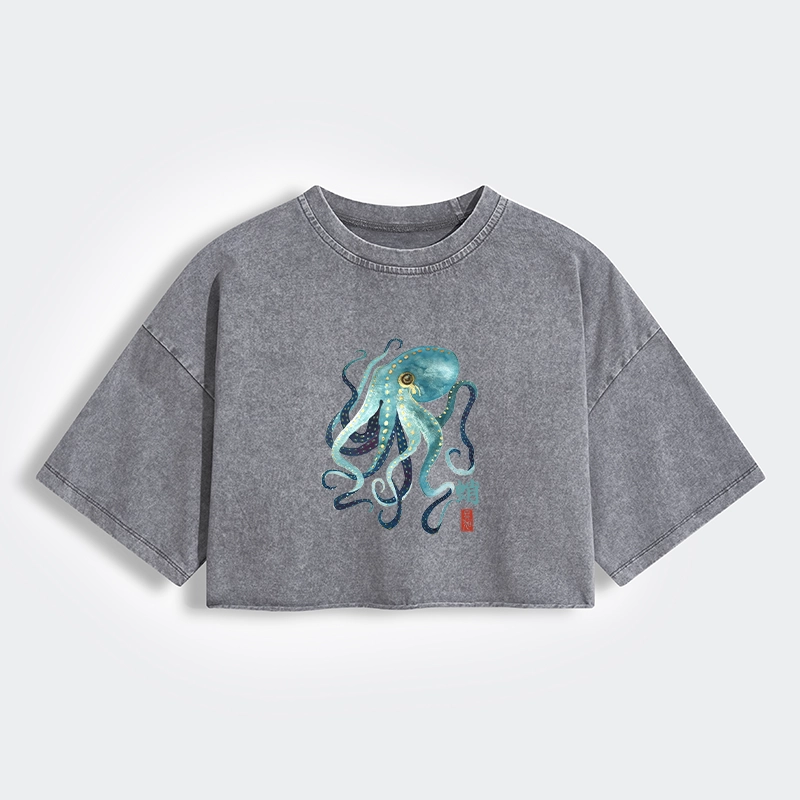 Tokyo-Tiger Soft Watercolor Octopus Japanese Art Women's Washed Crop T-Shirt