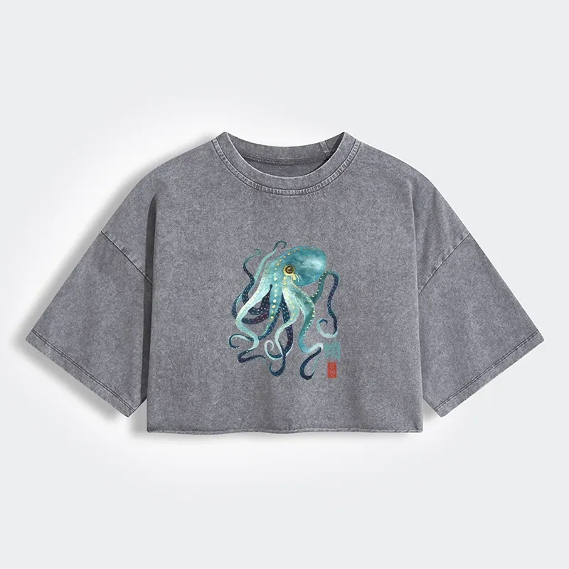 Tokyo-Tiger Soft Watercolor Octopus Japanese Art Women's Washed Crop T-Shirt