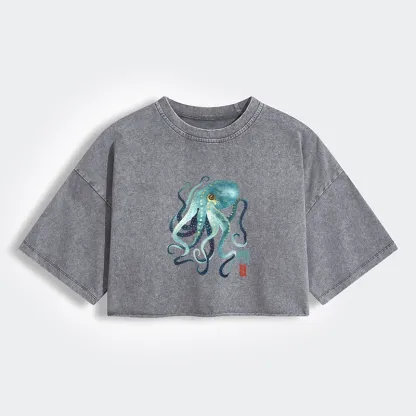 Tokyo-Tiger Soft Watercolor Octopus Japanese Art Women's Washed Crop T-Shirt