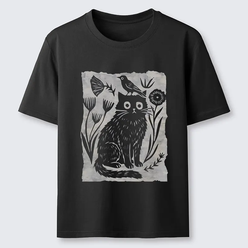 Tokyo-Tiger Folk Paper Cut Cat Bird Floral Art Classic T-Shirt