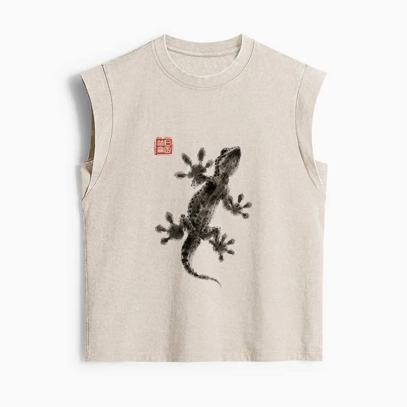 Tokyo-Tiger Minimal Asian Ink Brush Gecko Vibe Women's Washed Tank Tops Sale