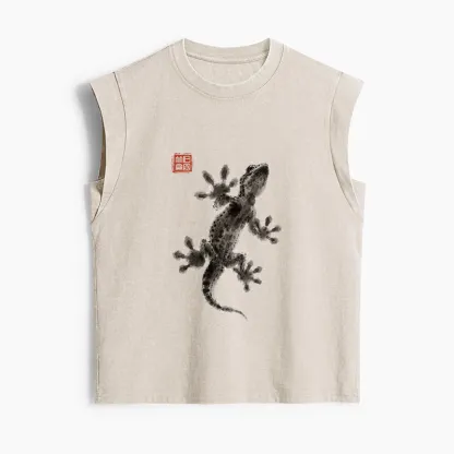 Tokyo-Tiger Minimal Asian Ink Brush Gecko Vibe Women's Washed Tank Tops