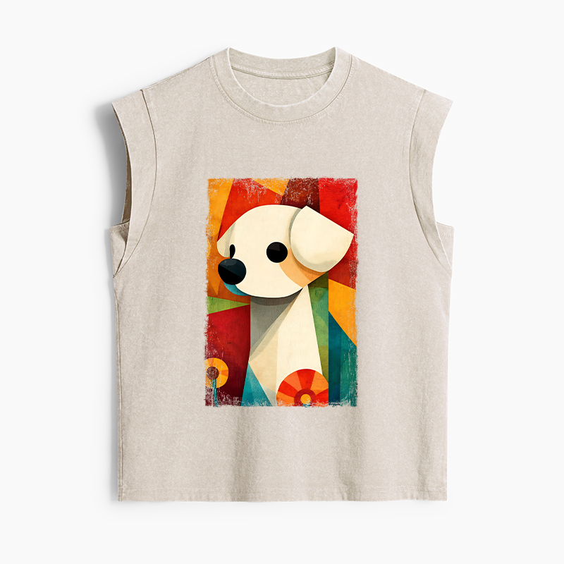 Tokyo-Tiger Retro Abstract Color Block Puppy Art Women's Washed Tank Tops