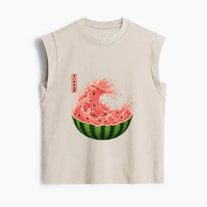 Tokyo-Tiger Watermelon Wave Summer Ukiyo Art Women's Washed Tank Tops