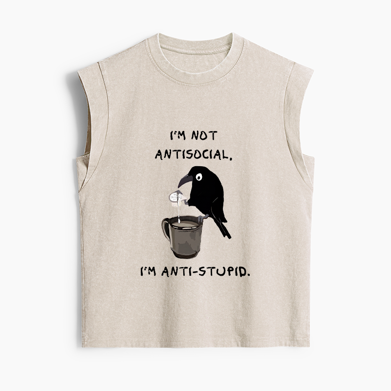 Tokyo-Tiger Cool Crow Sips Calm Coffee Alone Women's Washed Tank Tops