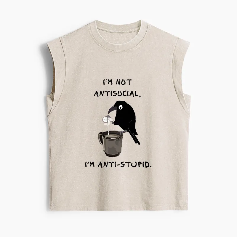 Tokyo-Tiger Cool Crow Sips Calm Coffee Alone Women's Washed Tank Tops