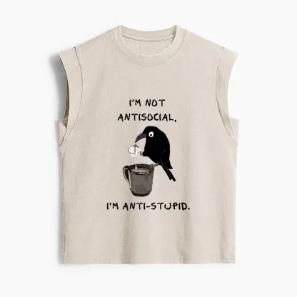 Tokyo-Tiger Cool Crow Sips Calm Coffee Alone Women's Washed Tank Tops