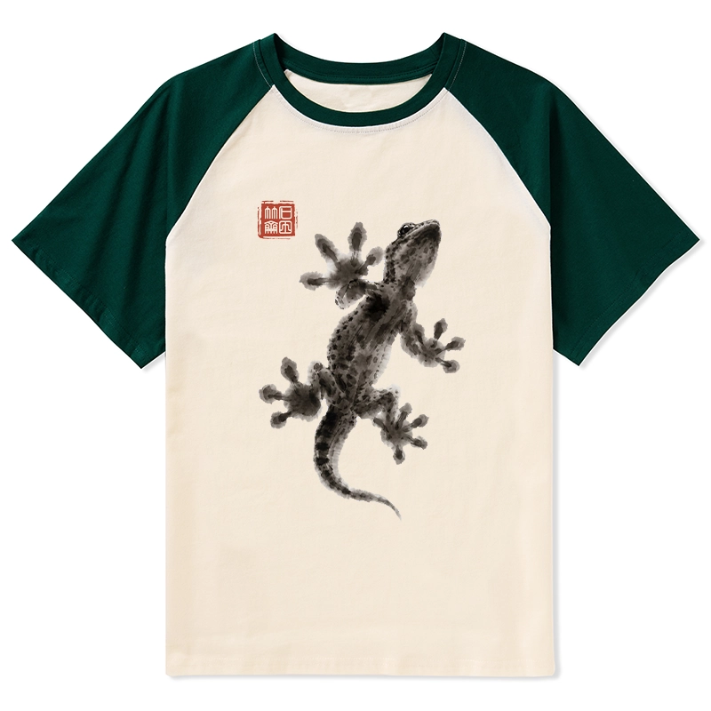 Tokyo-Tiger Minimal Asian Ink Brush Gecko Vibe Raglan T-shirt