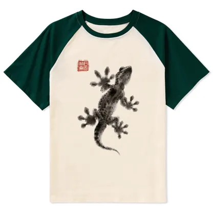 Tokyo-Tiger Minimal Asian Ink Brush Gecko Vibe Raglan T-shirt