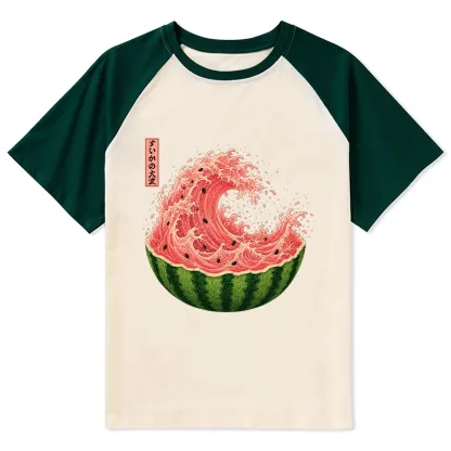 Tokyo-Tiger Watermelon Wave Summer Ukiyo Art Raglan T-shirt