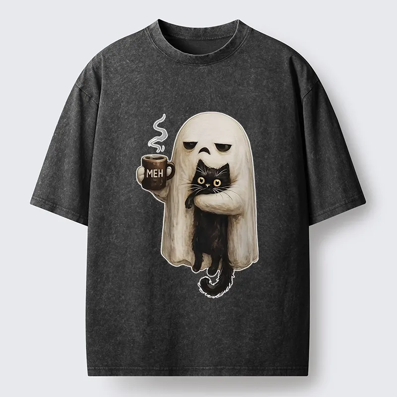 Tokyo-Tiger Ghost Cat Coffee Mood Washed T-Shirt