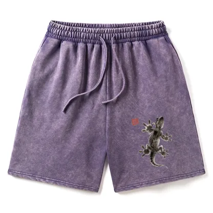 Tokyo-Tiger Minimal Asian Ink Brush Gecko Vibe Washed Shorts