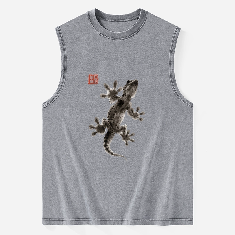 Tokyo-Tiger Minimal Asian Ink Brush Gecko Vibe Washed Tank