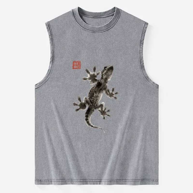 Tokyo-Tiger Minimal Asian Ink Brush Gecko Vibe Washed Tank