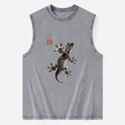 Tokyo-Tiger Minimal Asian Ink Brush Gecko Vibe Washed Tank
