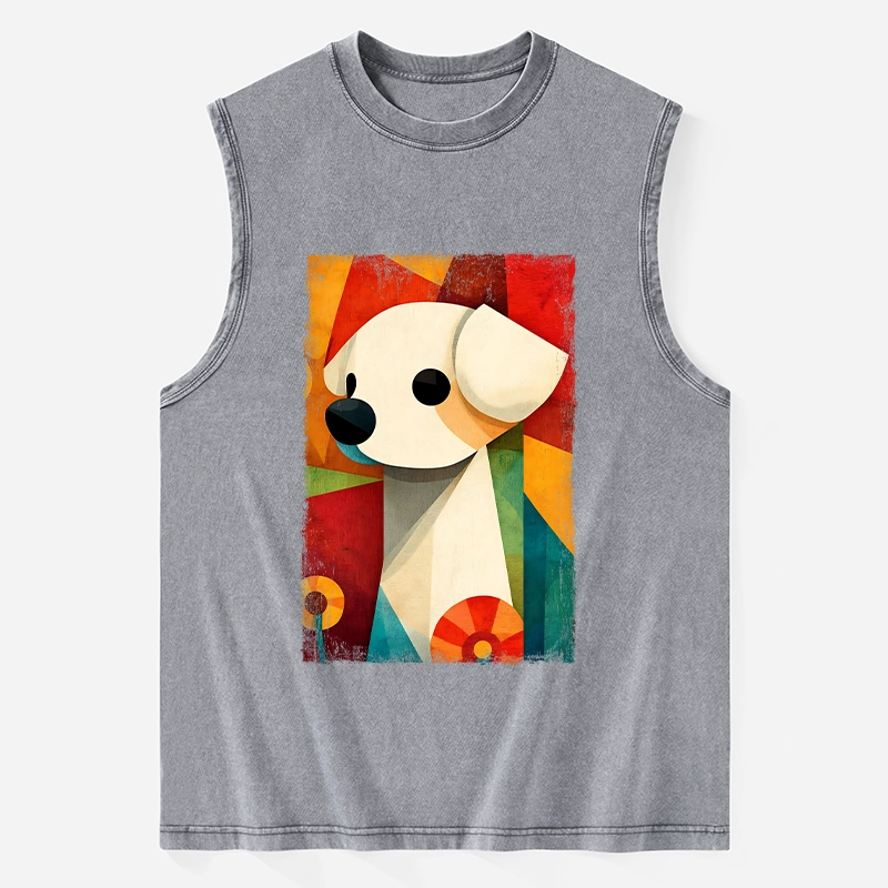 Tokyo-Tiger Retro Abstract Color Block Puppy Art Washed Tank