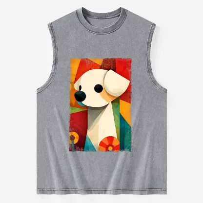 Tokyo-Tiger Retro Abstract Color Block Puppy Art Washed Tank