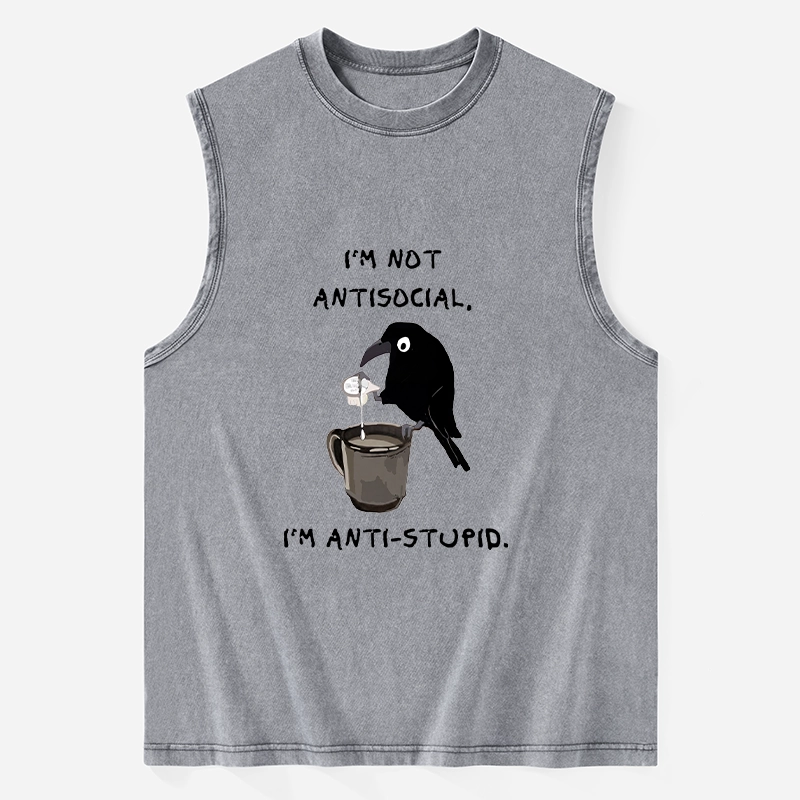 Tokyo-Tiger Cool Crow Sips Calm Coffee Alone Washed Tank